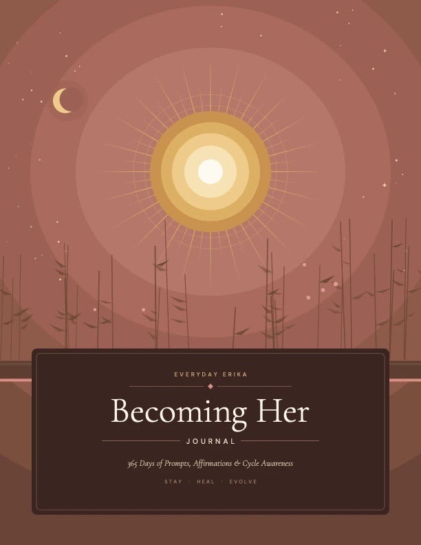 The cover of Becoming Her: a rising sun and crescent moon over reeds, in clay and gold.